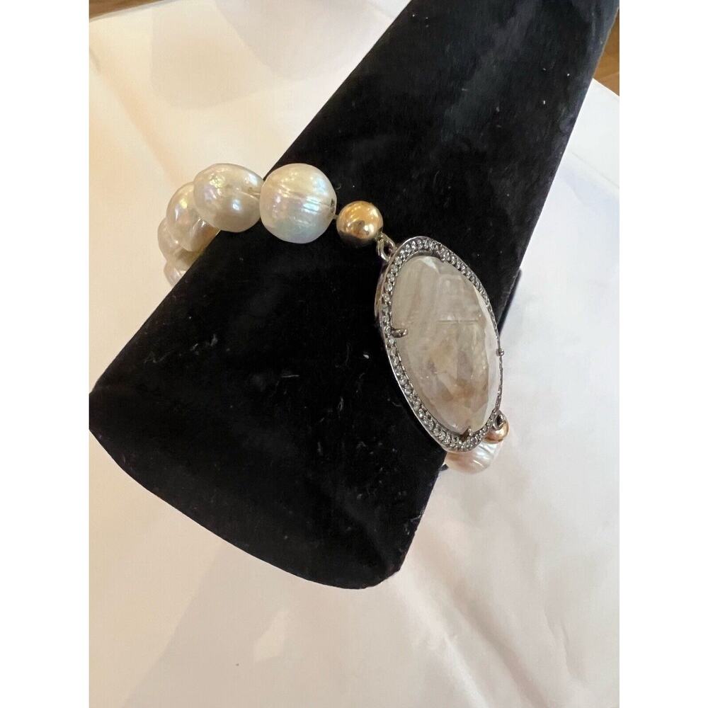 Vintage Genuine Smoky Topaz Quartz & Genuine Pearl Stretch Bracelet